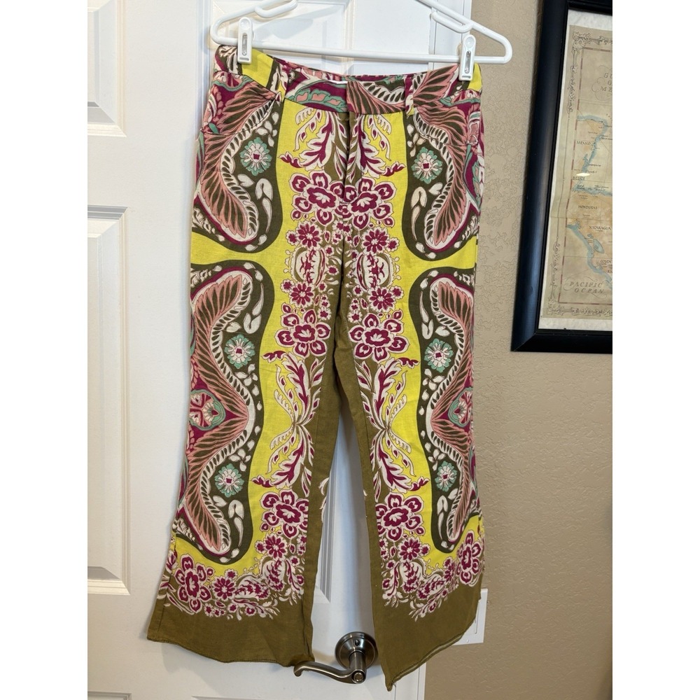 Zara Cropped Flare Print Trousers, Medium, Bohemian Hippie, Linen Blend